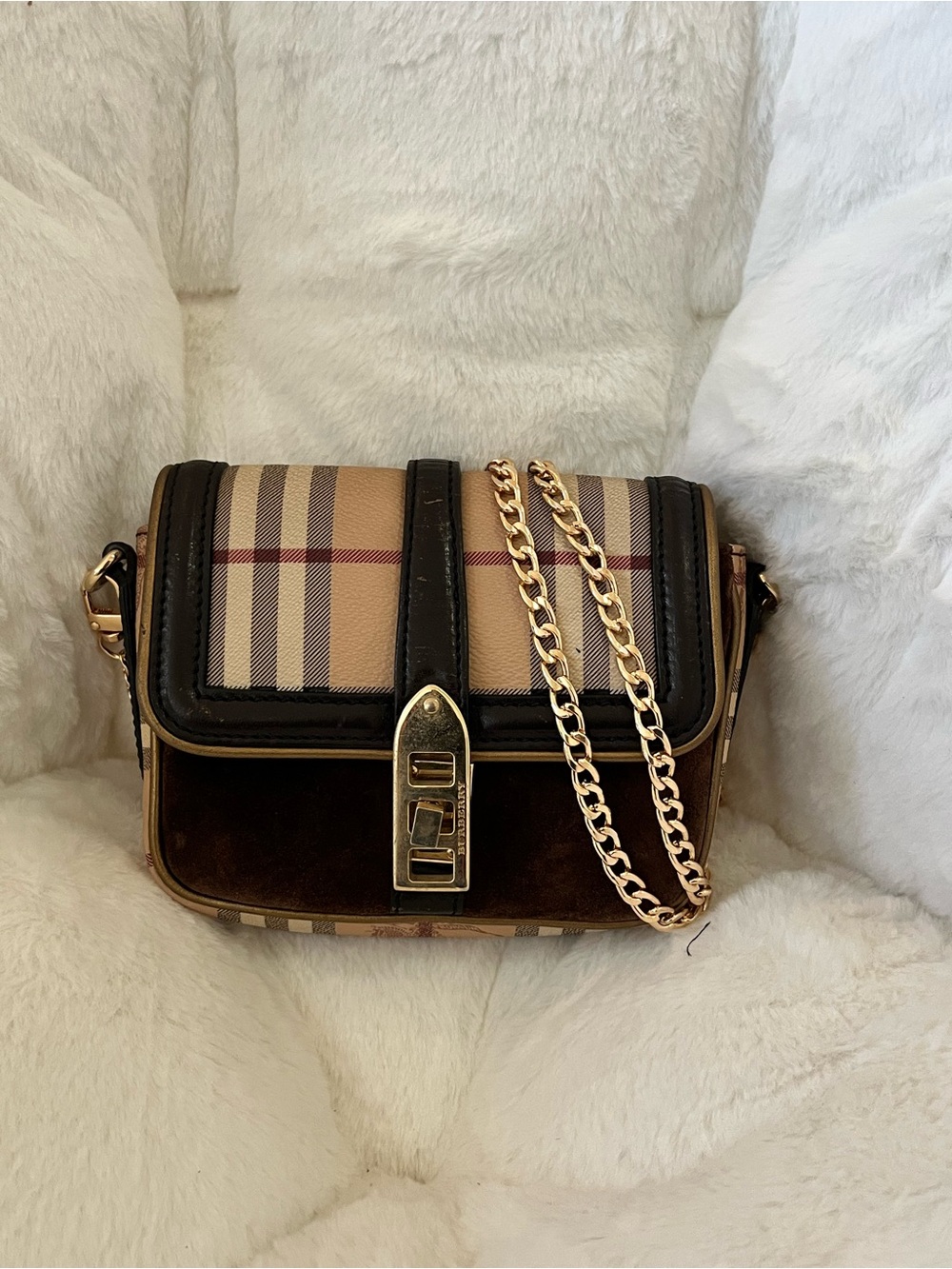 Burberry small suede/haymarket crossbody bag